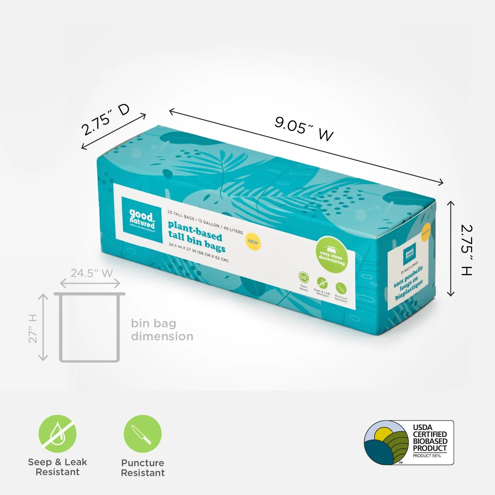 Case Pack Plant-based, 13 Gallon, Leak Proof Tall Bin Trash Bags (16 pack /320 bags )