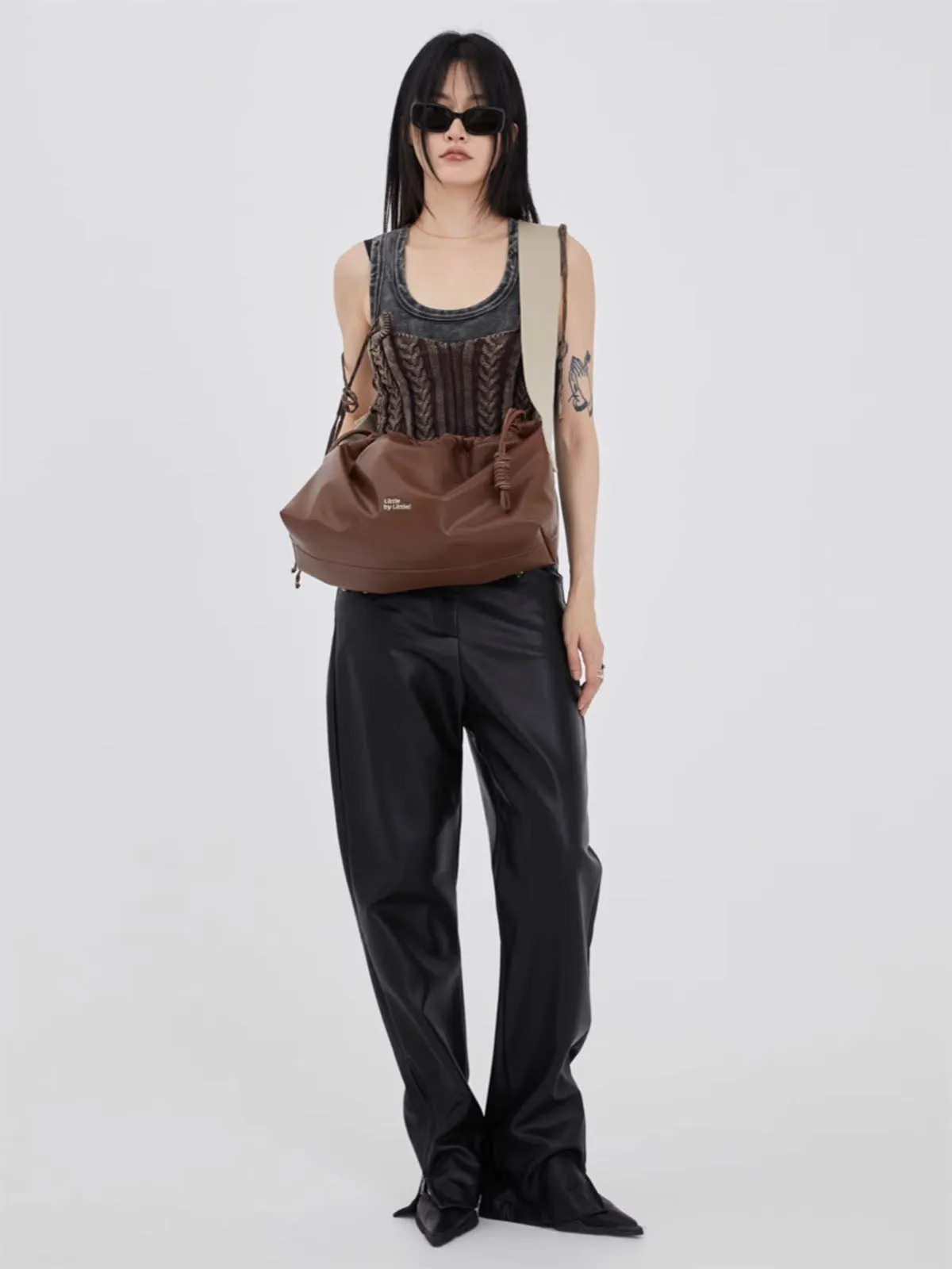 Classic Black Drawstring Soft Square Bag with Wide Shoulder Strap