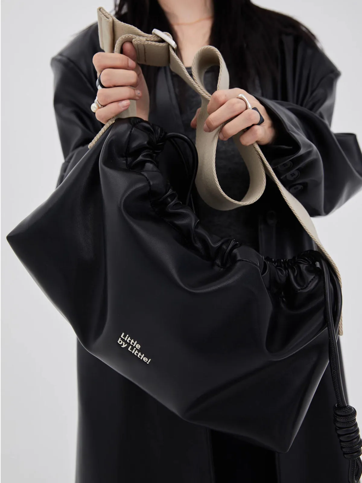 Classic Black Drawstring Soft Square Bag with Wide Shoulder Strap