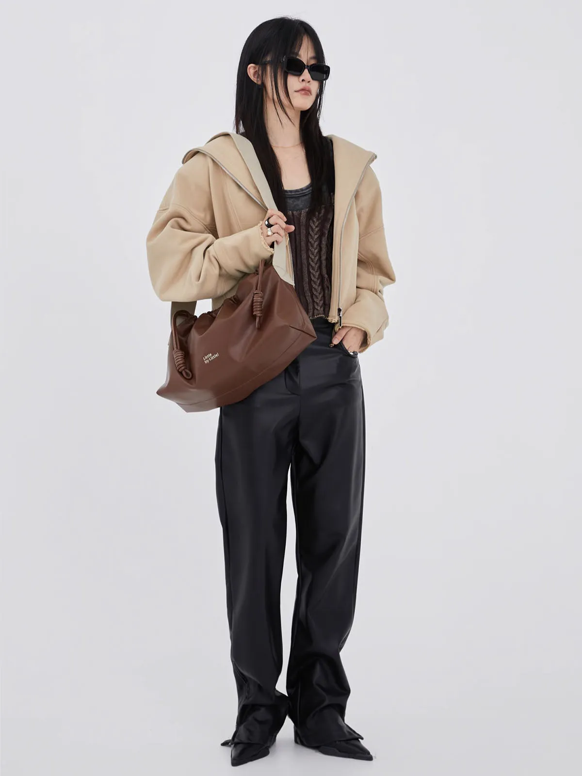 Classic Black Drawstring Soft Square Bag with Wide Shoulder Strap