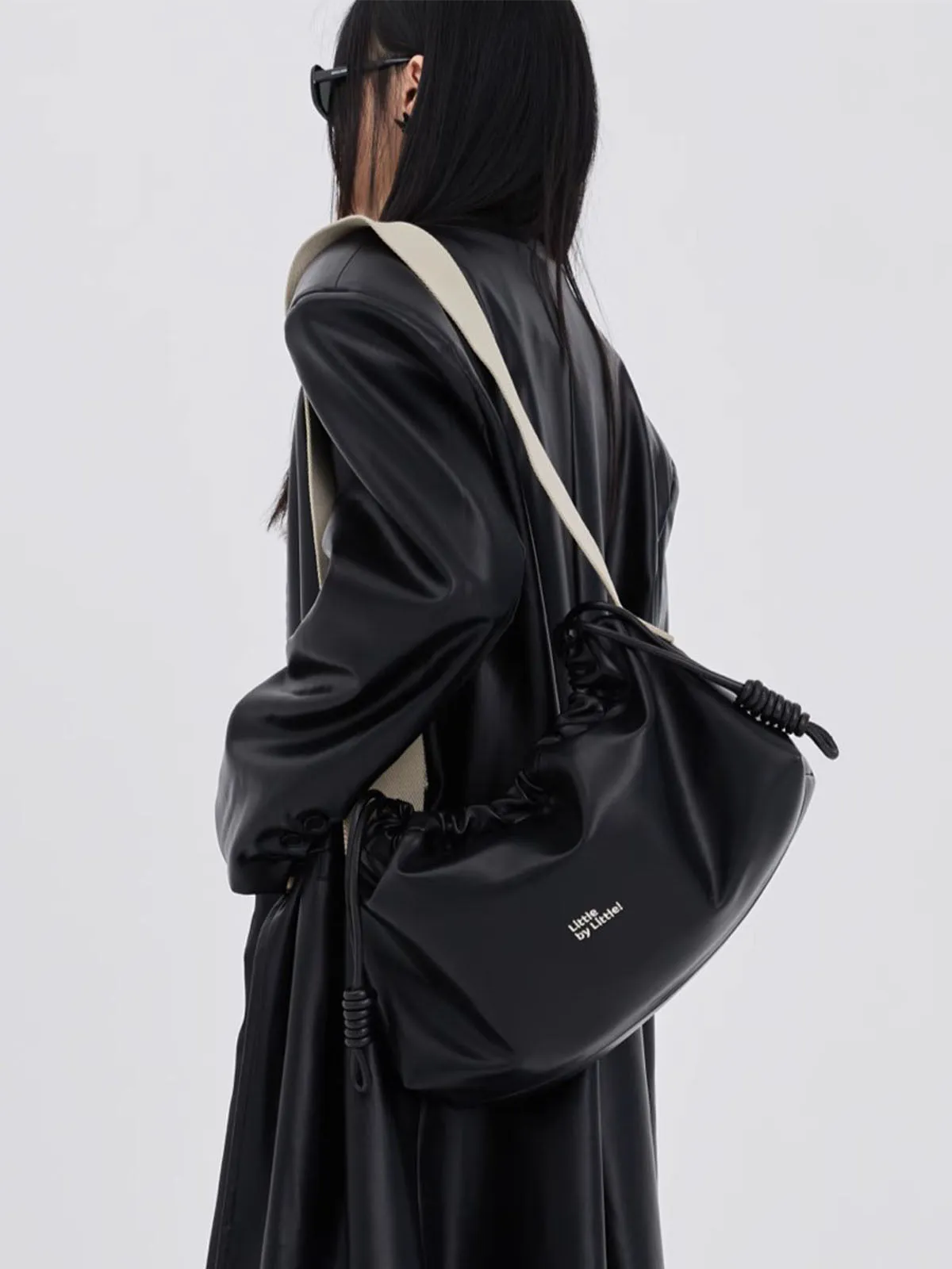 Classic Black Drawstring Soft Square Bag with Wide Shoulder Strap