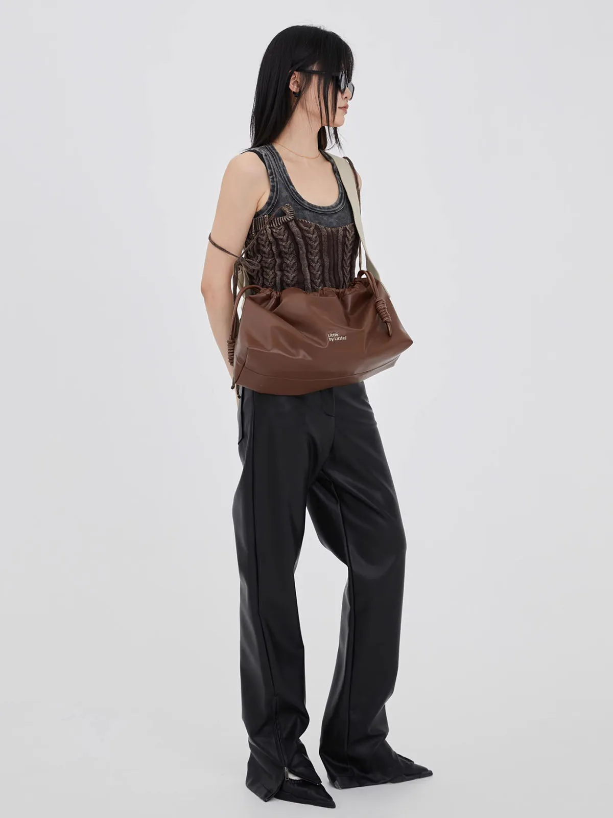 Classic Black Drawstring Soft Square Bag with Wide Shoulder Strap