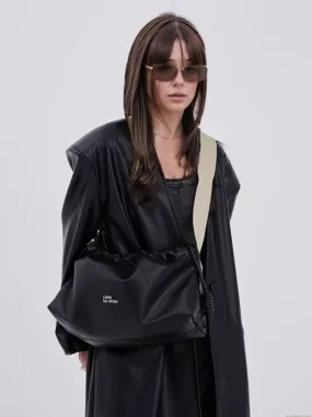 Classic Black Drawstring Soft Square Bag with Wide Shoulder Strap