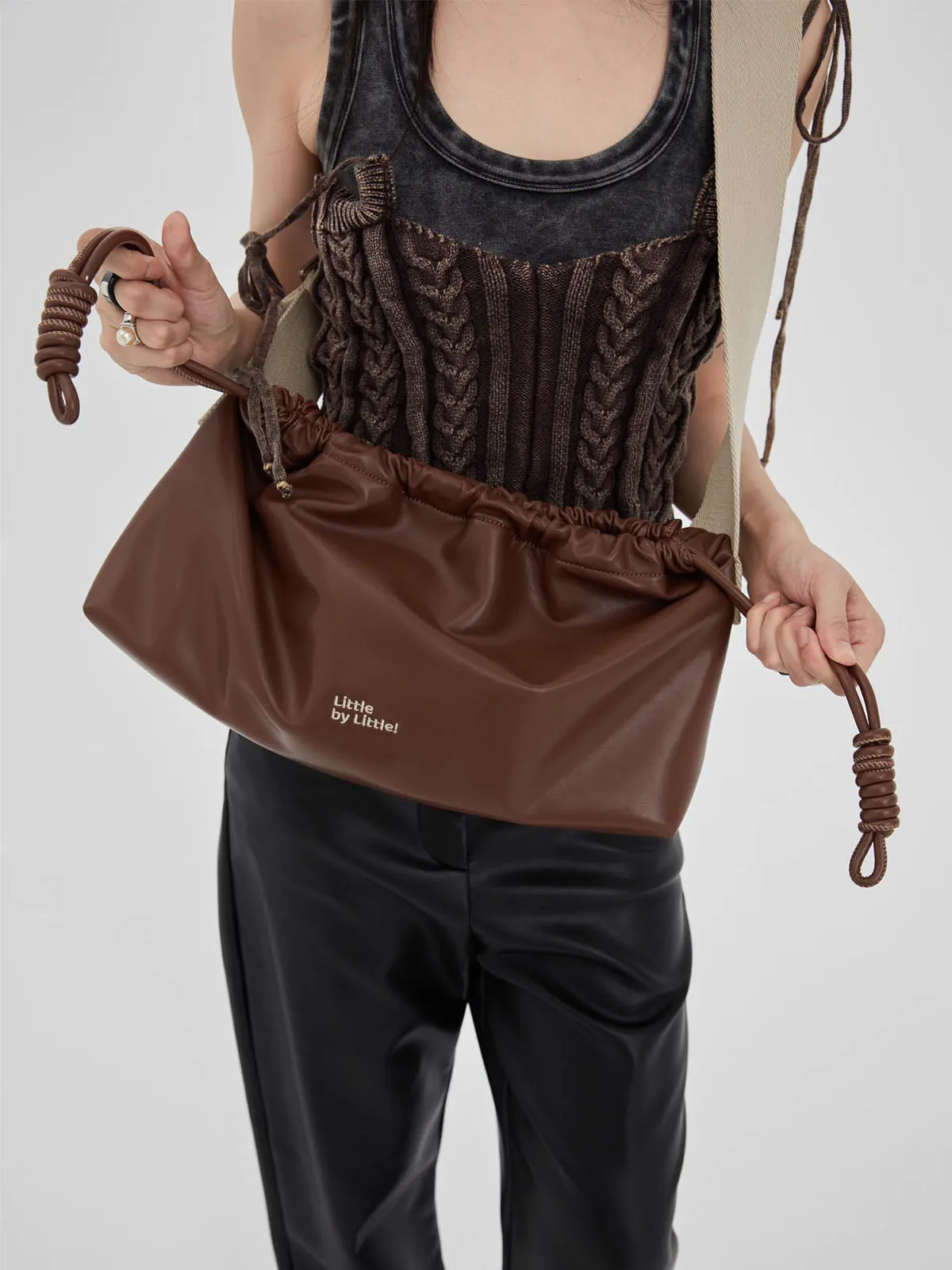 Classic Black Drawstring Soft Square Bag with Wide Shoulder Strap