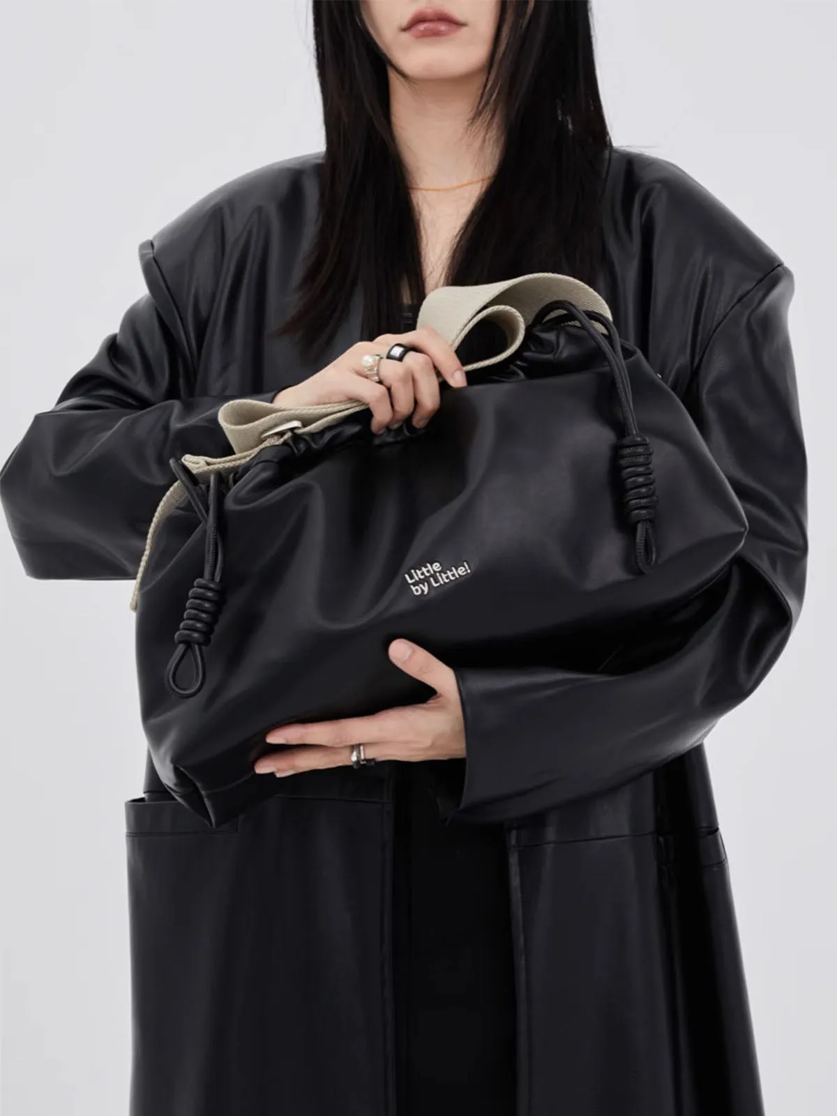 Classic Black Drawstring Soft Square Bag with Wide Shoulder Strap
