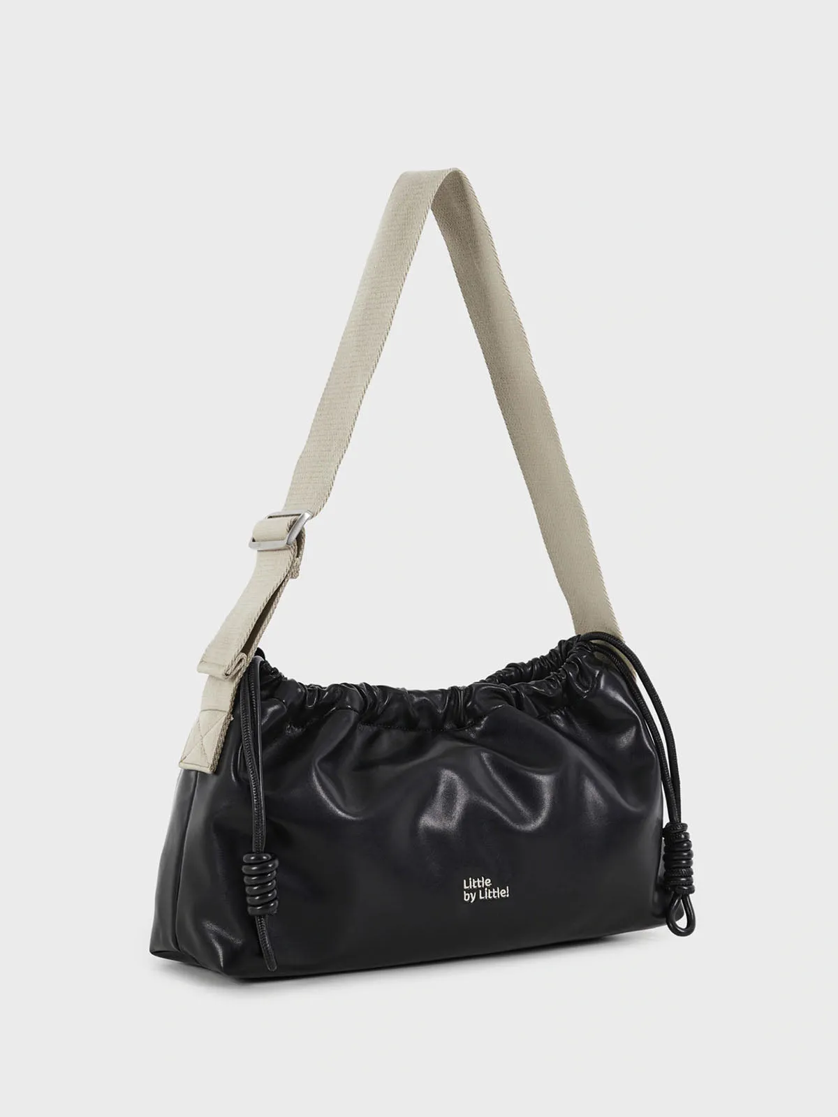 Classic Black Drawstring Soft Square Bag with Wide Shoulder Strap