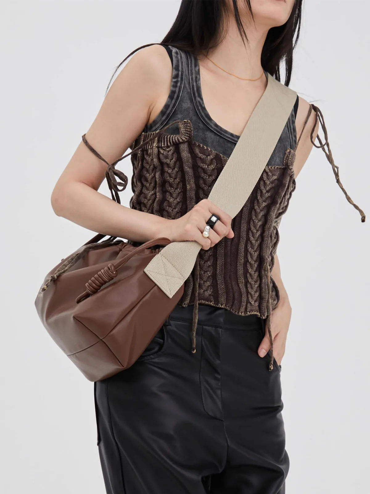 Classic Black Drawstring Soft Square Bag with Wide Shoulder Strap