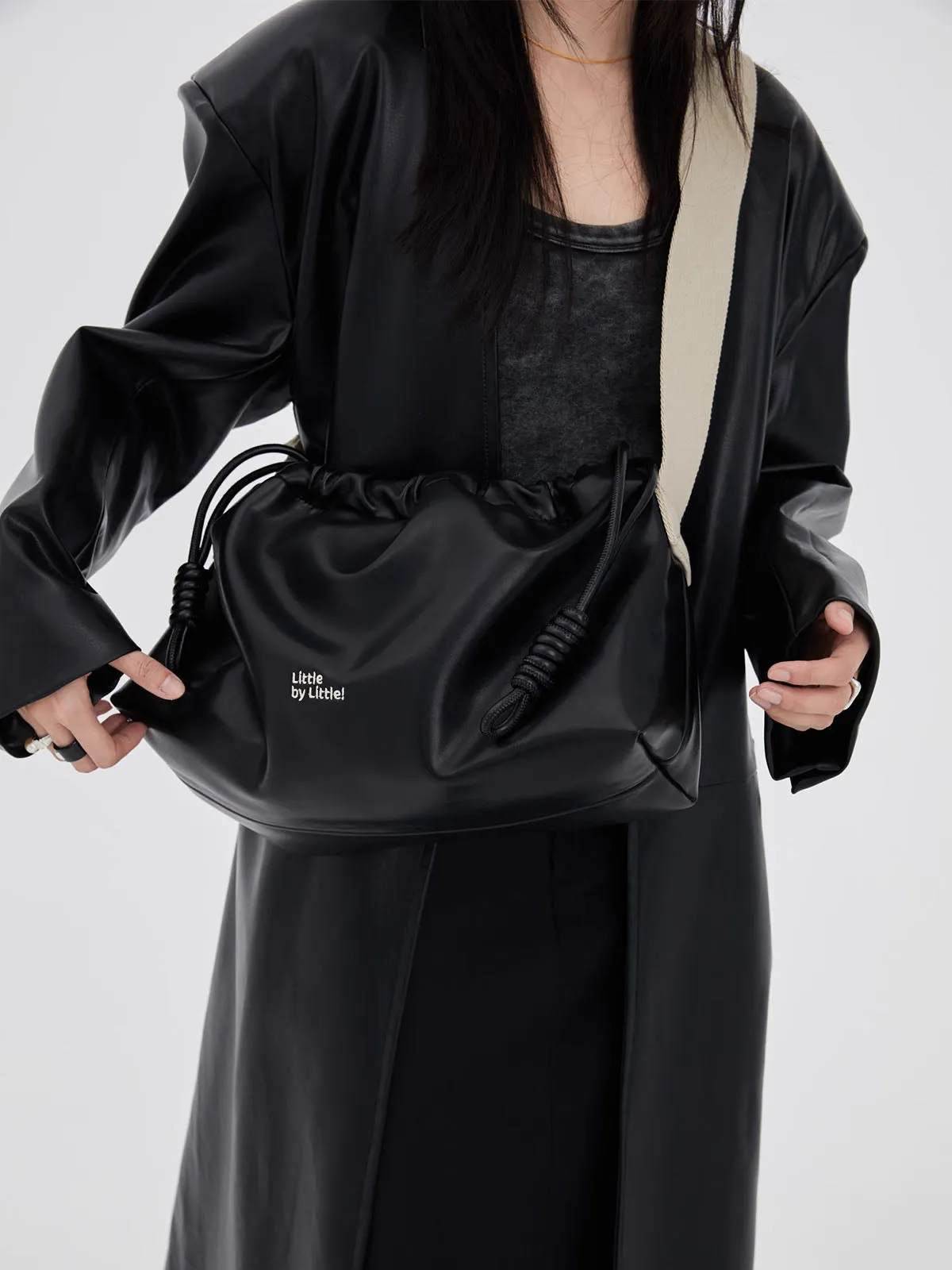 Classic Black Drawstring Soft Square Bag with Wide Shoulder Strap