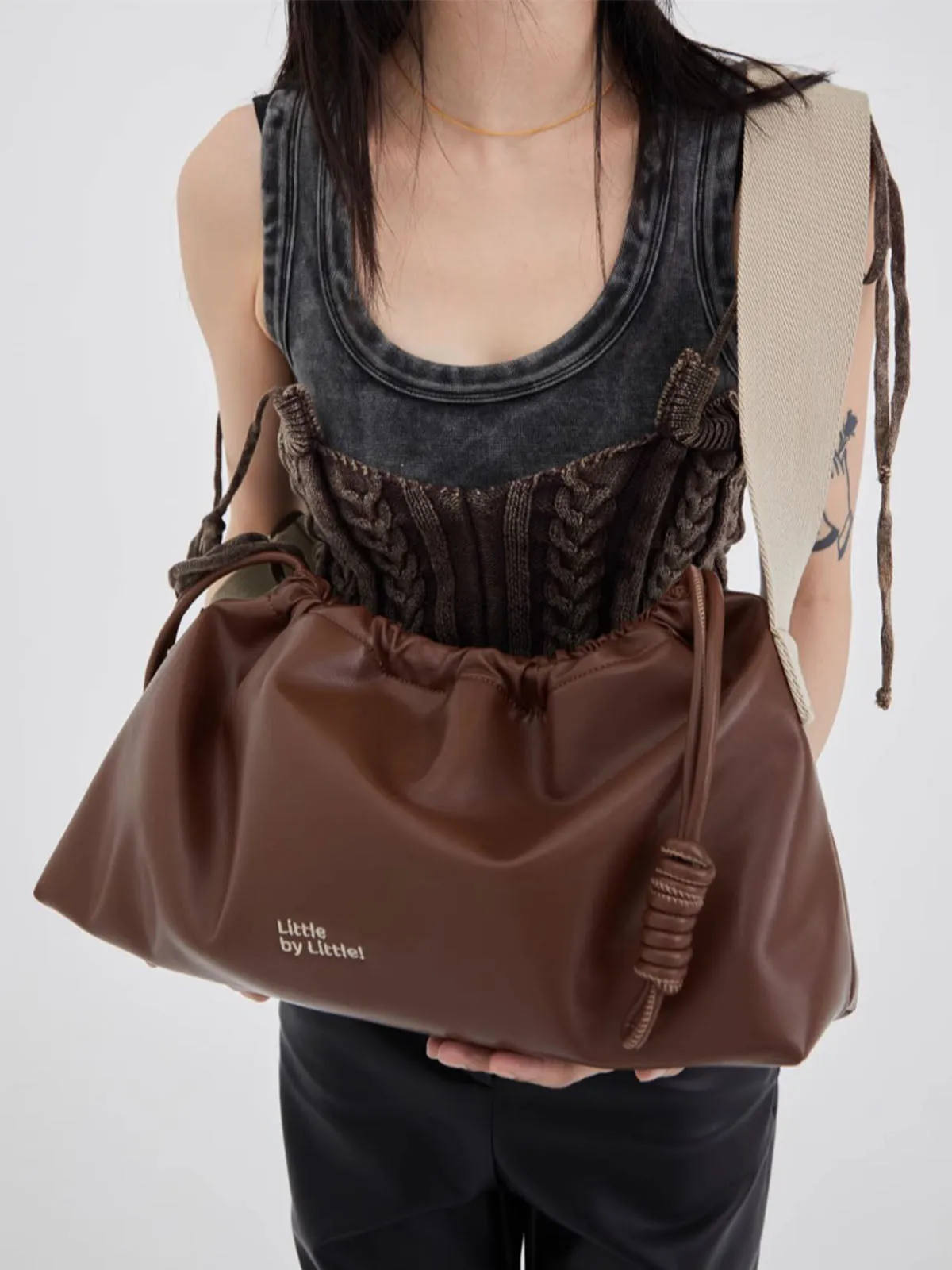 Classic Black Drawstring Soft Square Bag with Wide Shoulder Strap