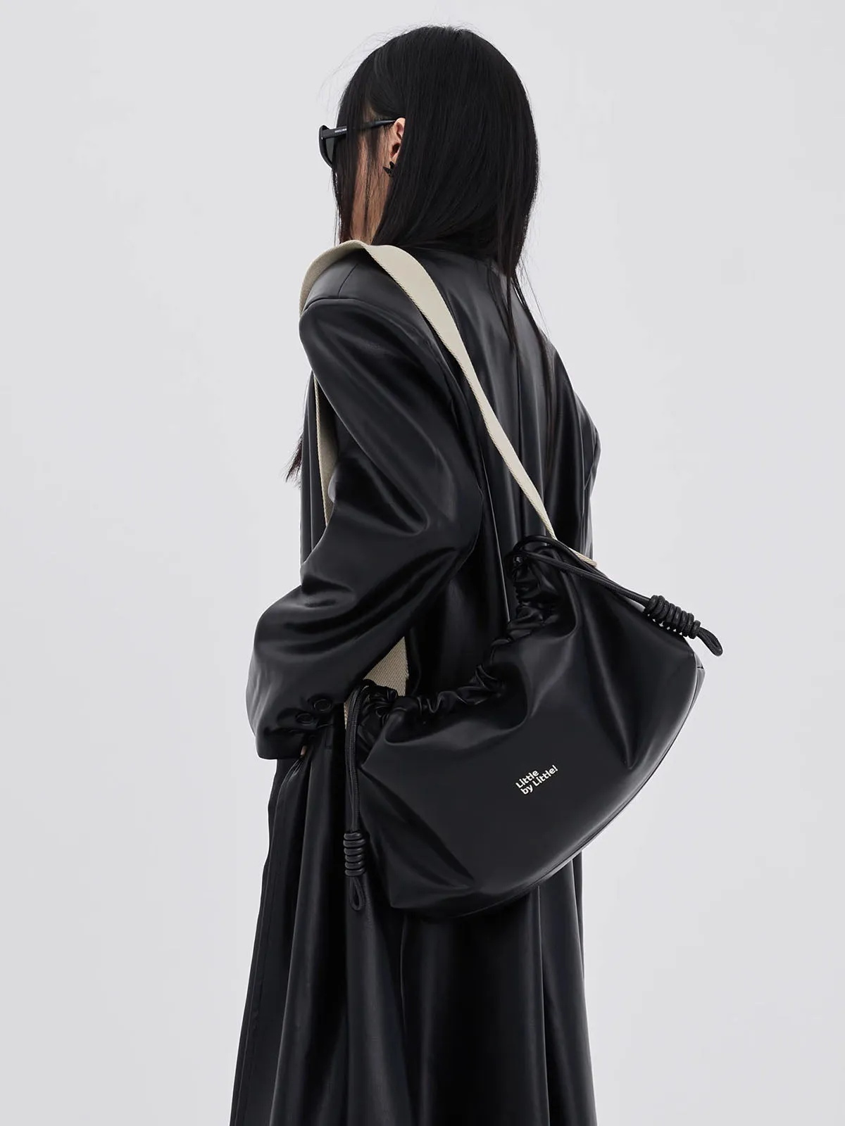 Classic Black Drawstring Soft Square Bag with Wide Shoulder Strap