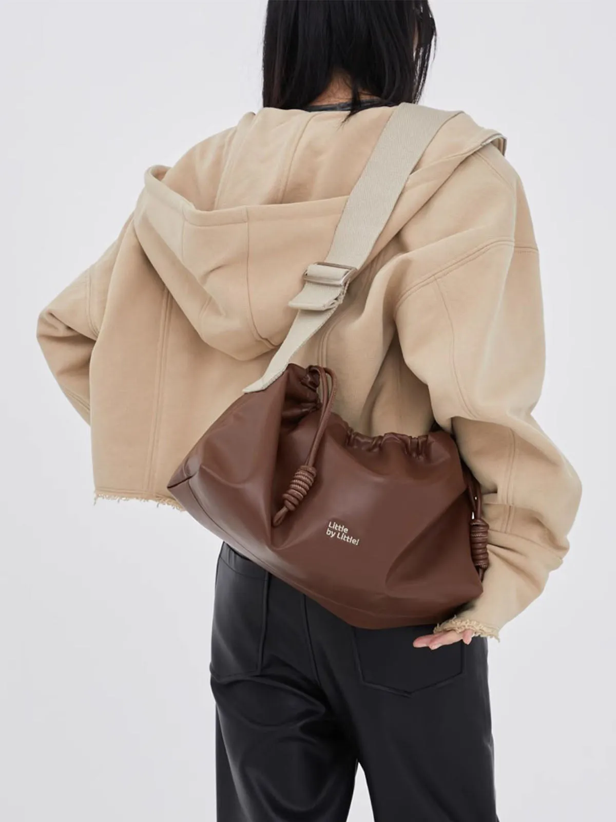 Classic Black Drawstring Soft Square Bag with Wide Shoulder Strap