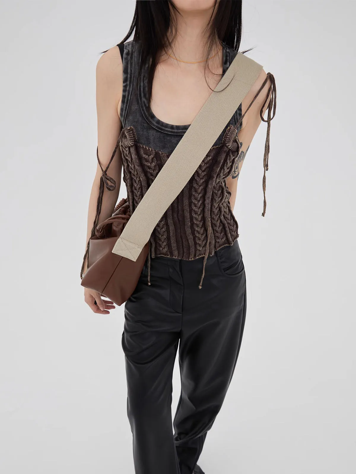 Classic Black Drawstring Soft Square Bag with Wide Shoulder Strap