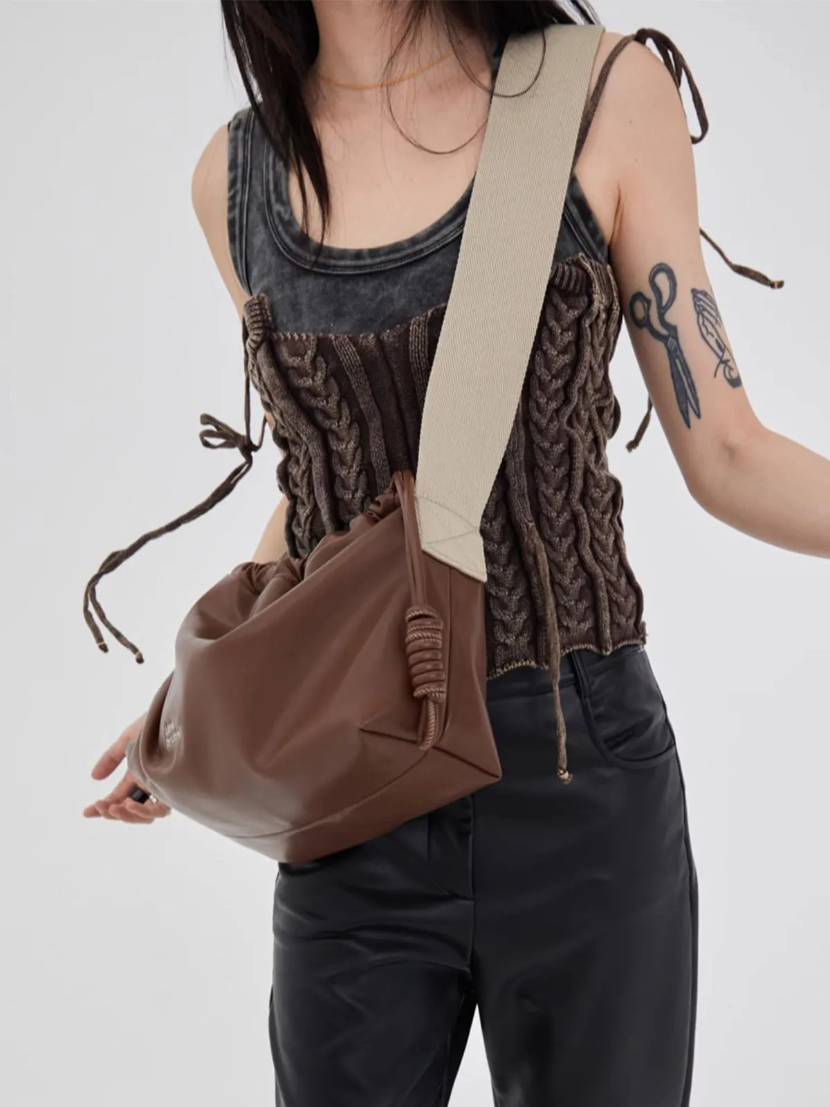Classic Black Drawstring Soft Square Bag with Wide Shoulder Strap