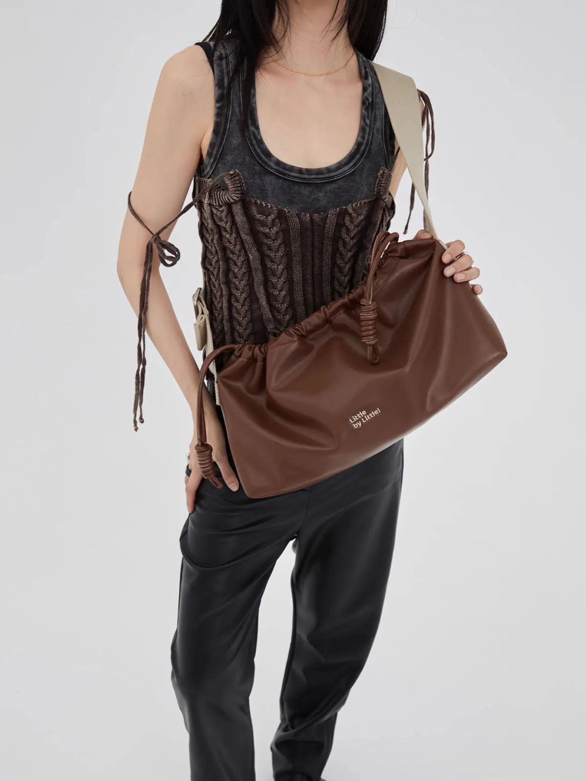 Classic Black Drawstring Soft Square Bag with Wide Shoulder Strap
