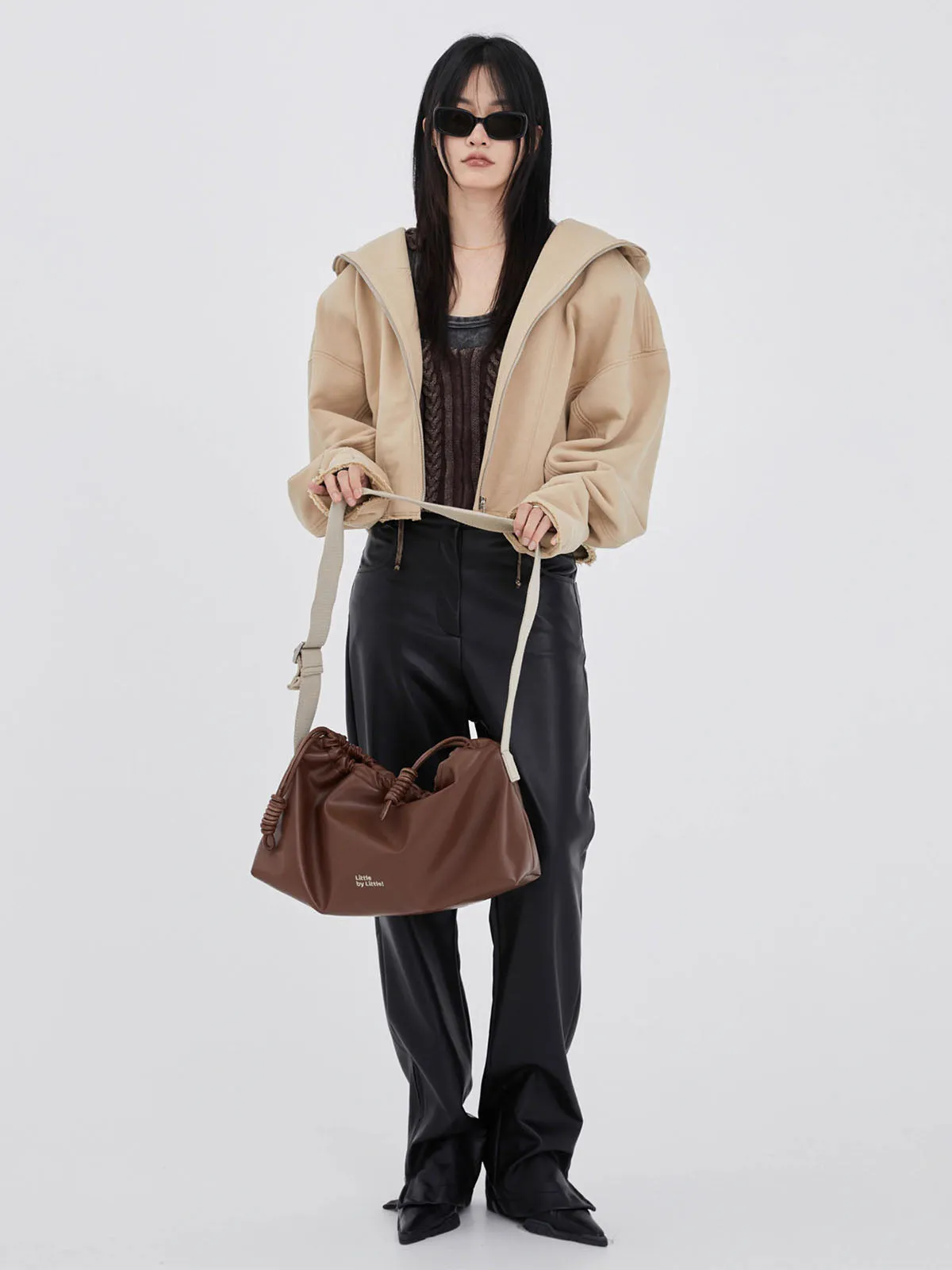 Classic Black Drawstring Soft Square Bag with Wide Shoulder Strap