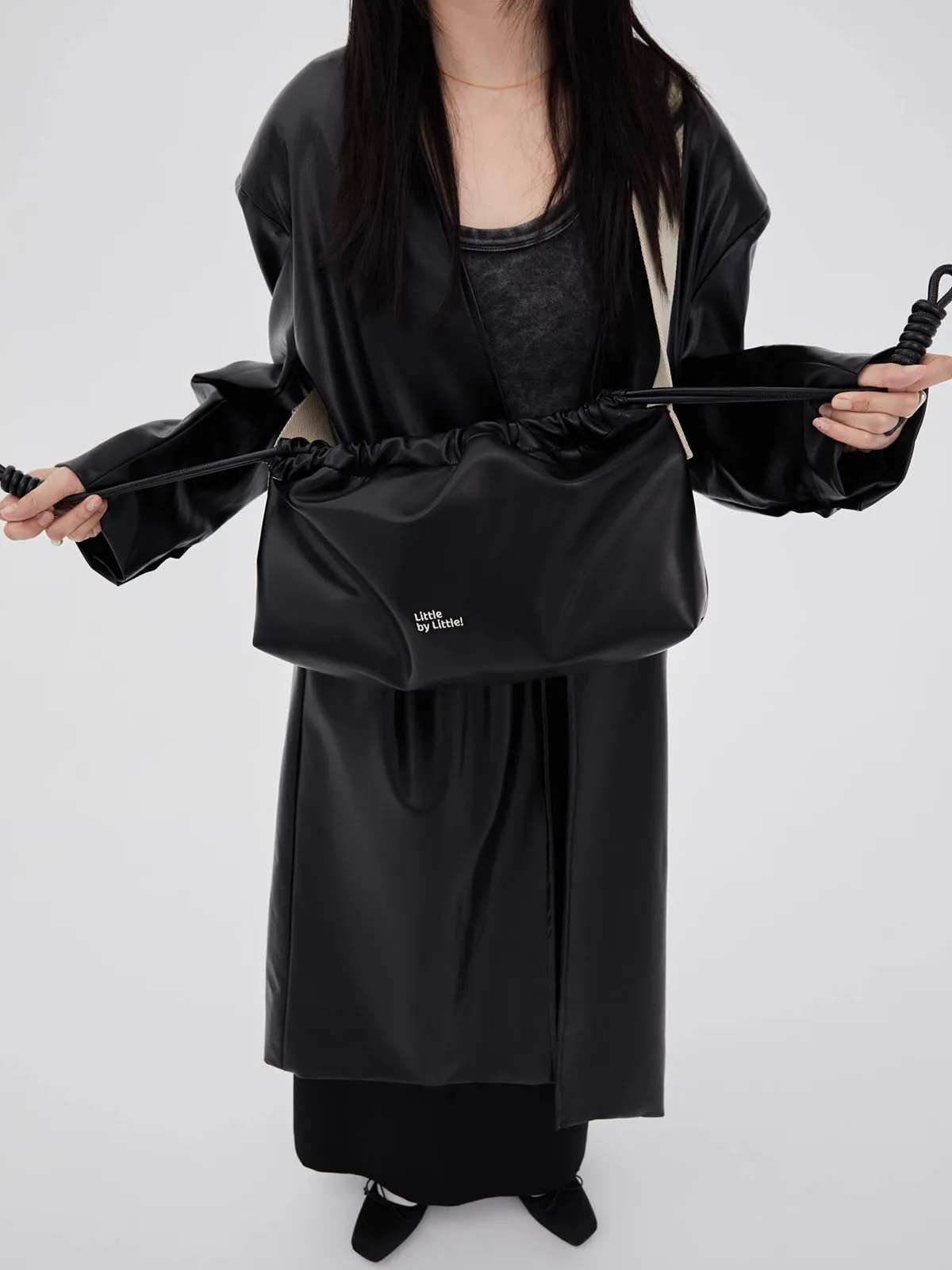 Classic Black Drawstring Soft Square Bag with Wide Shoulder Strap