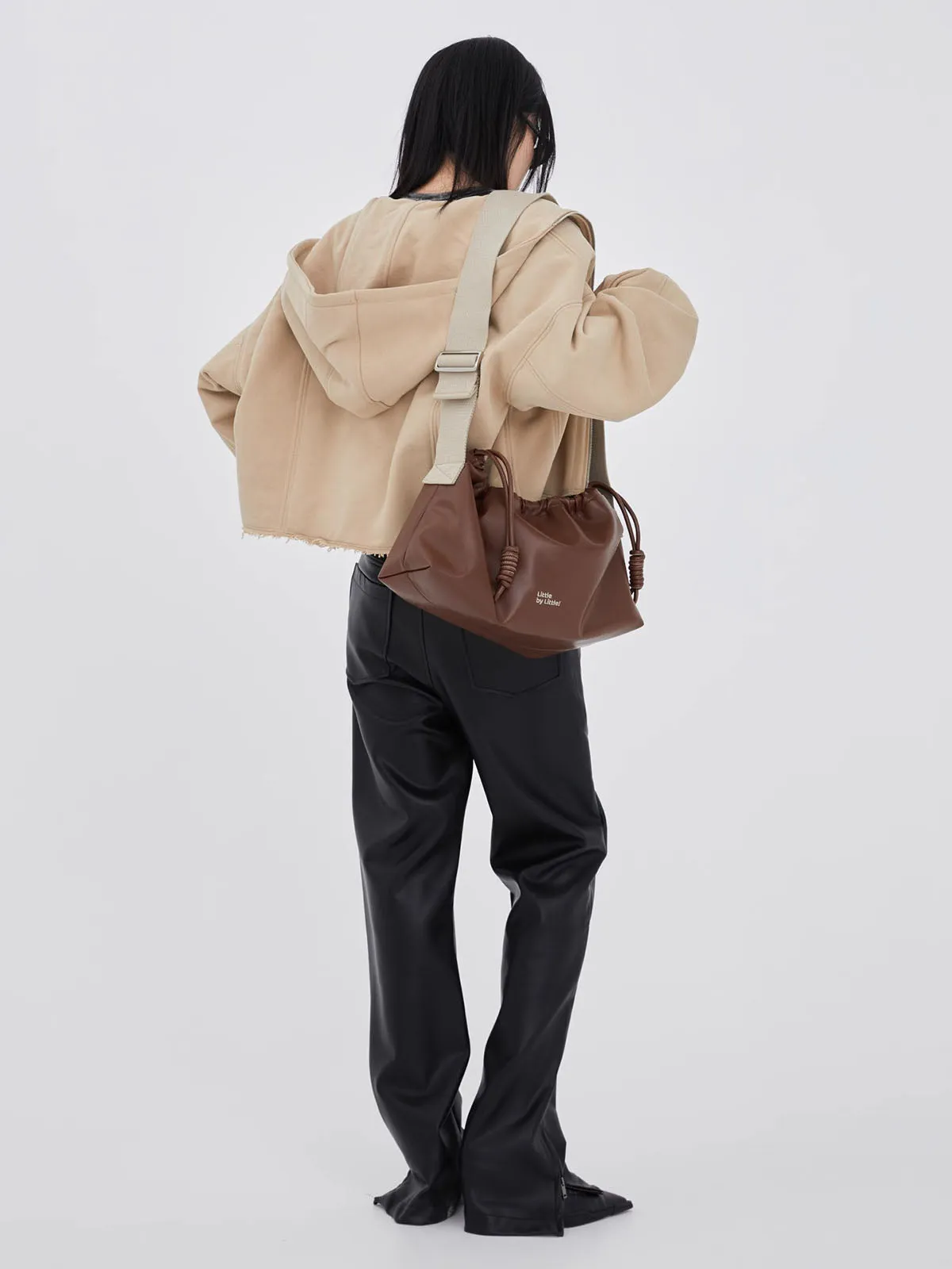 Classic Black Drawstring Soft Square Bag with Wide Shoulder Strap