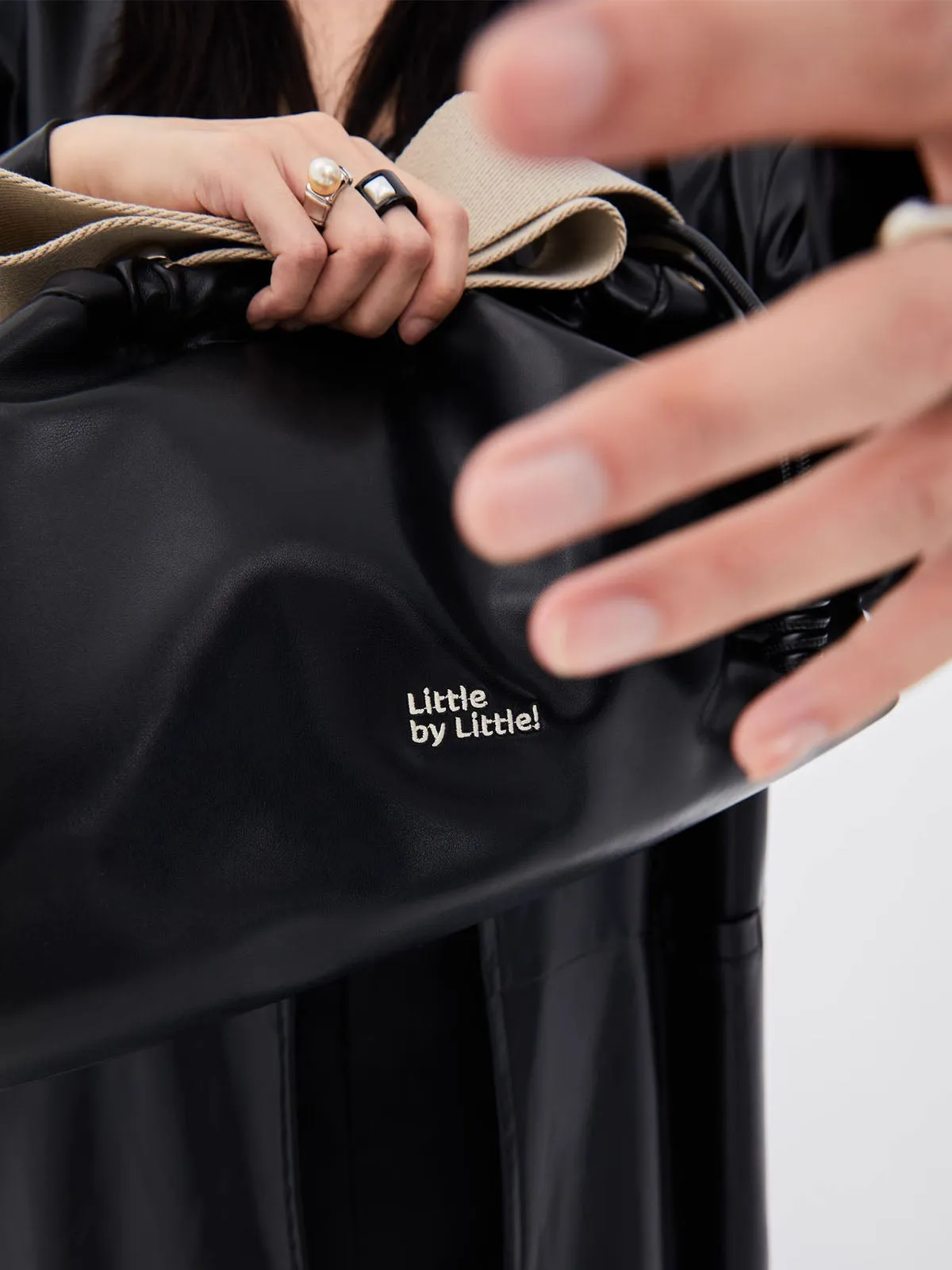 Classic Black Drawstring Soft Square Bag with Wide Shoulder Strap