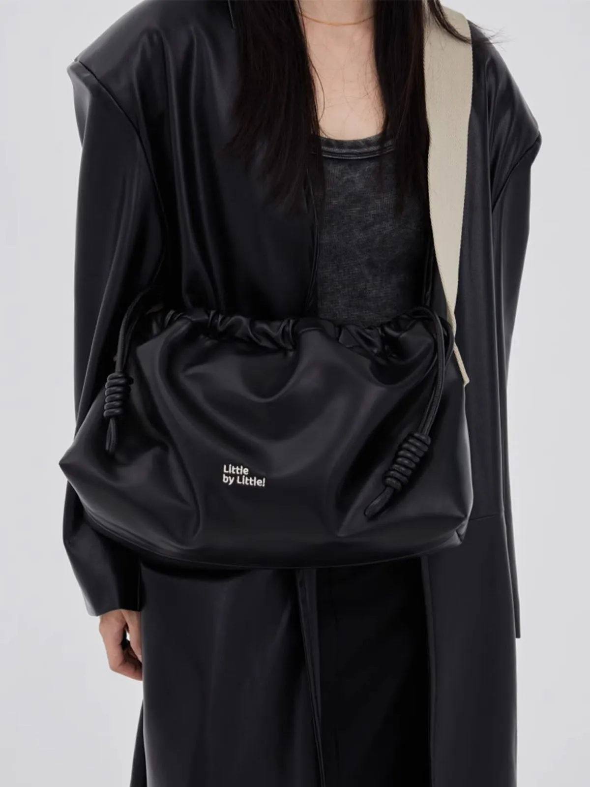 Classic Black Drawstring Soft Square Bag with Wide Shoulder Strap