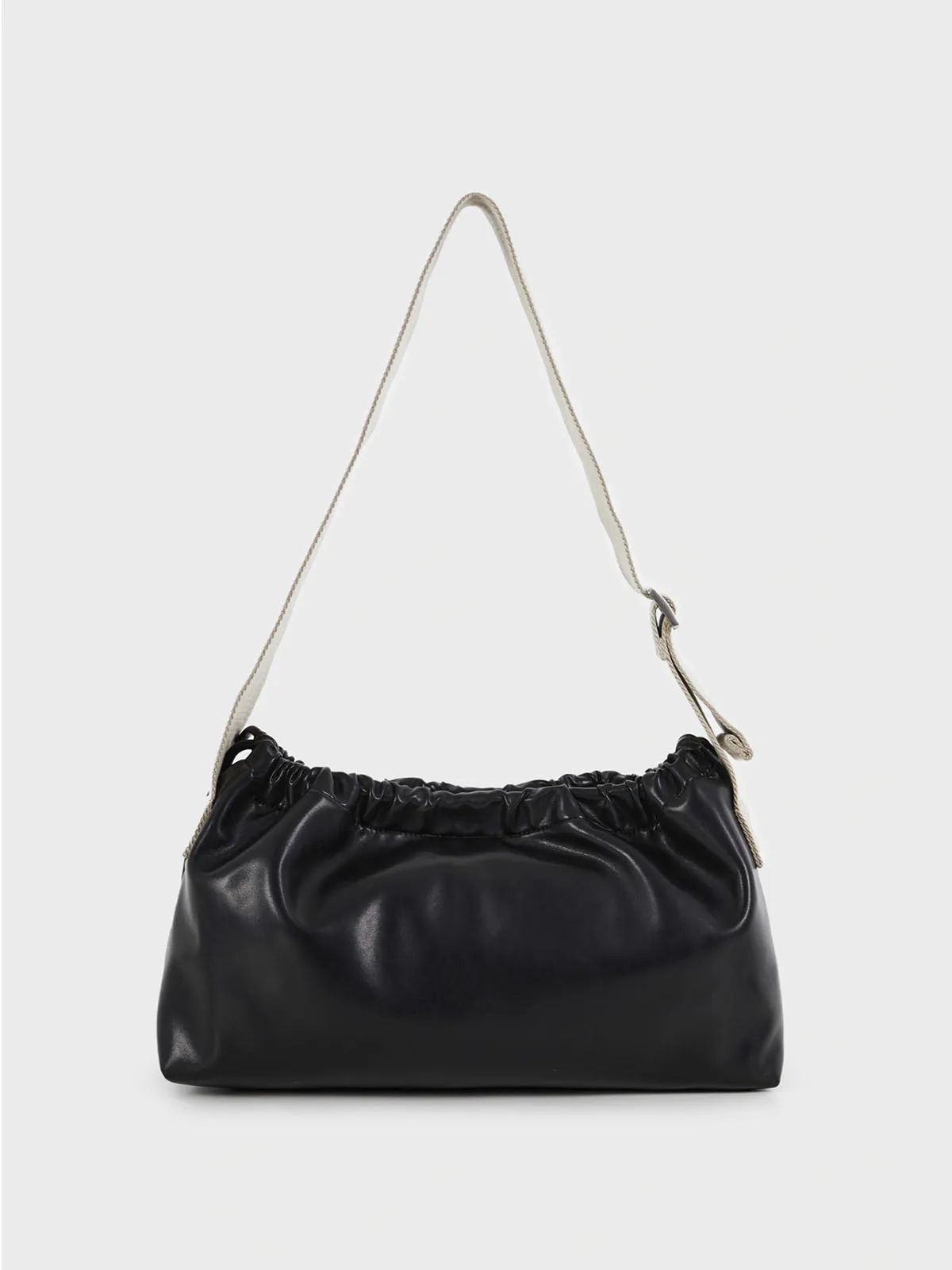 Classic Black Drawstring Soft Square Bag with Wide Shoulder Strap