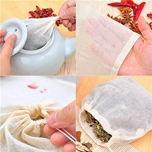 MEUBELS Tea Filters Strainer Bags Reusable Coffee Brew Herb Cheesecloth Muslin Mesh Bag with Drawstring Safe Penetration Unbleached for Loose Leaf Tea Office Home Kitchen Milk Tea, 4x3 Inch (5)
